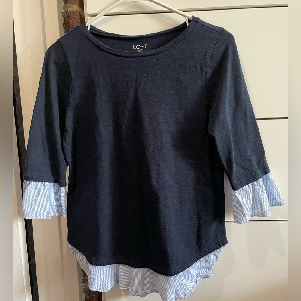Loft navy blue sweater with light blue striped cuffs and bottom